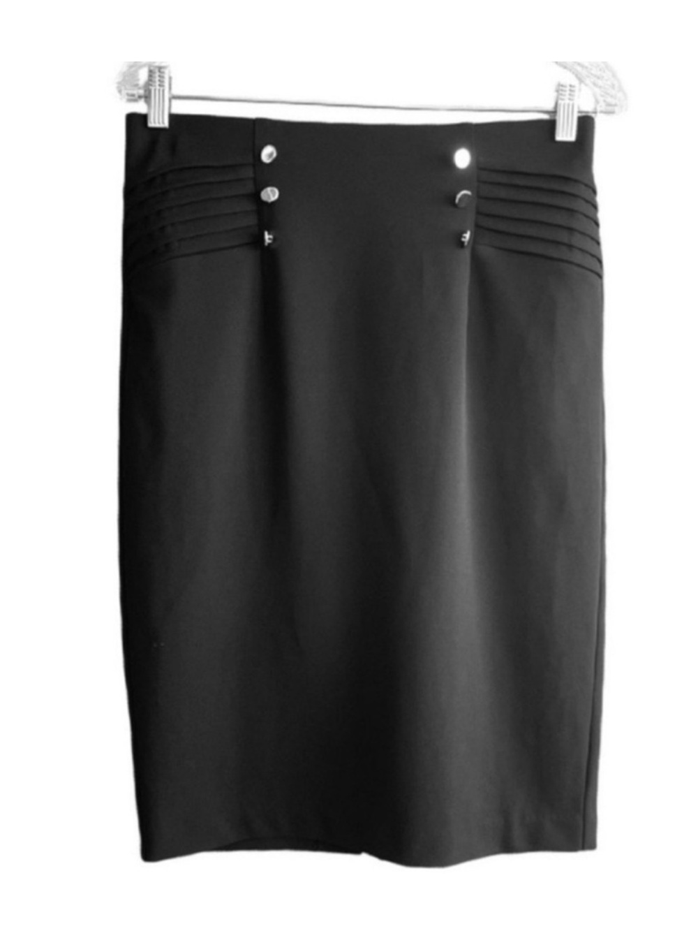 NYC Pencil Skirt Pleat and Button Details Crepe Pull-on Black Size S